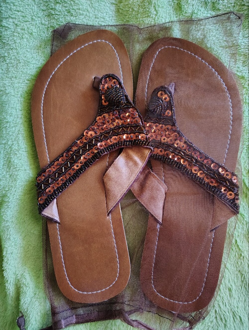 Brown Sequin Embellished Thong Sandals